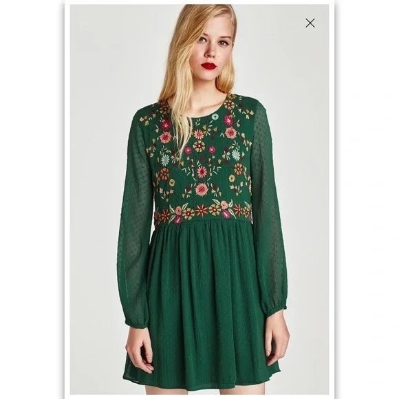 NWT ** Zara Green Floral Embroidered Dotted Mesh Dress Size M - Picture 1 of 13